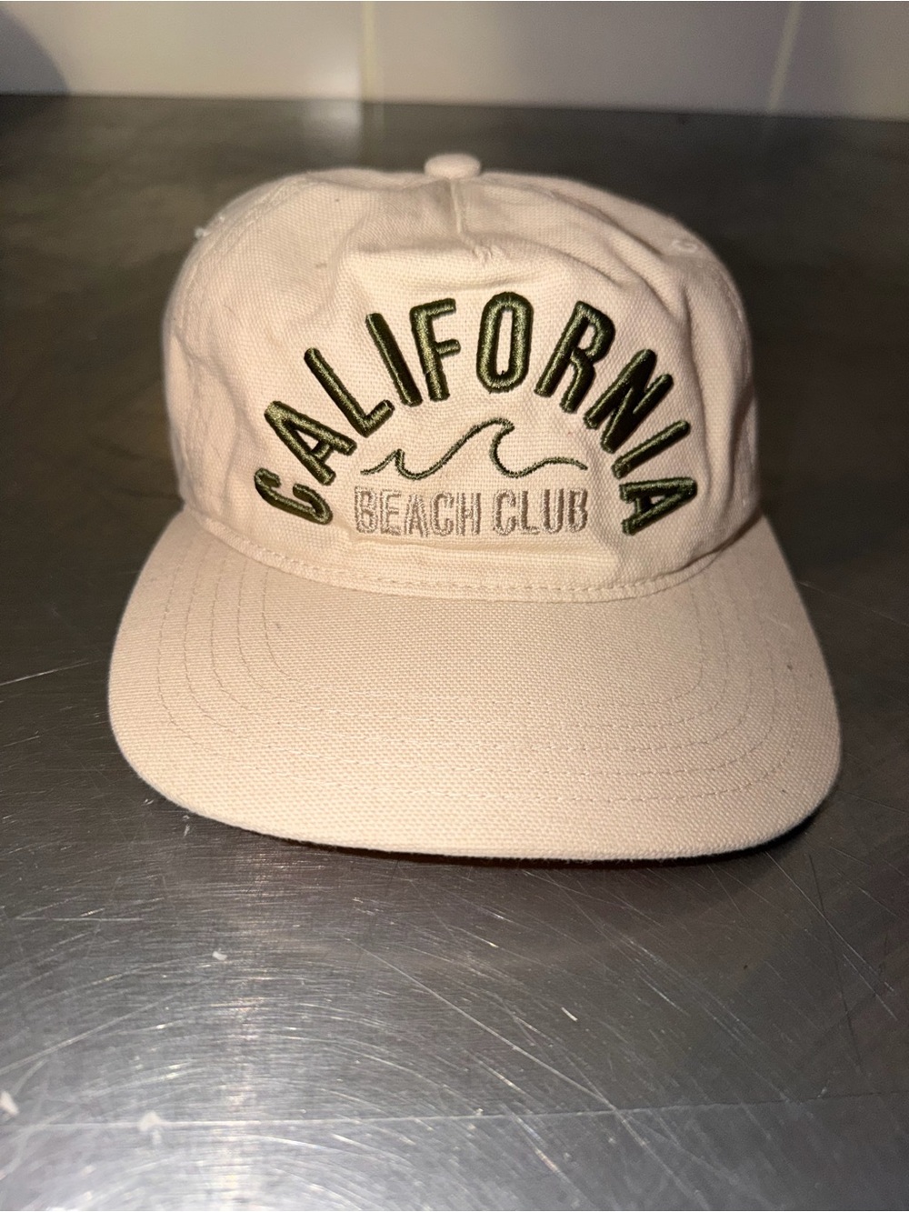 California Beach Club Embroidered Cap - Beige with Olive Text